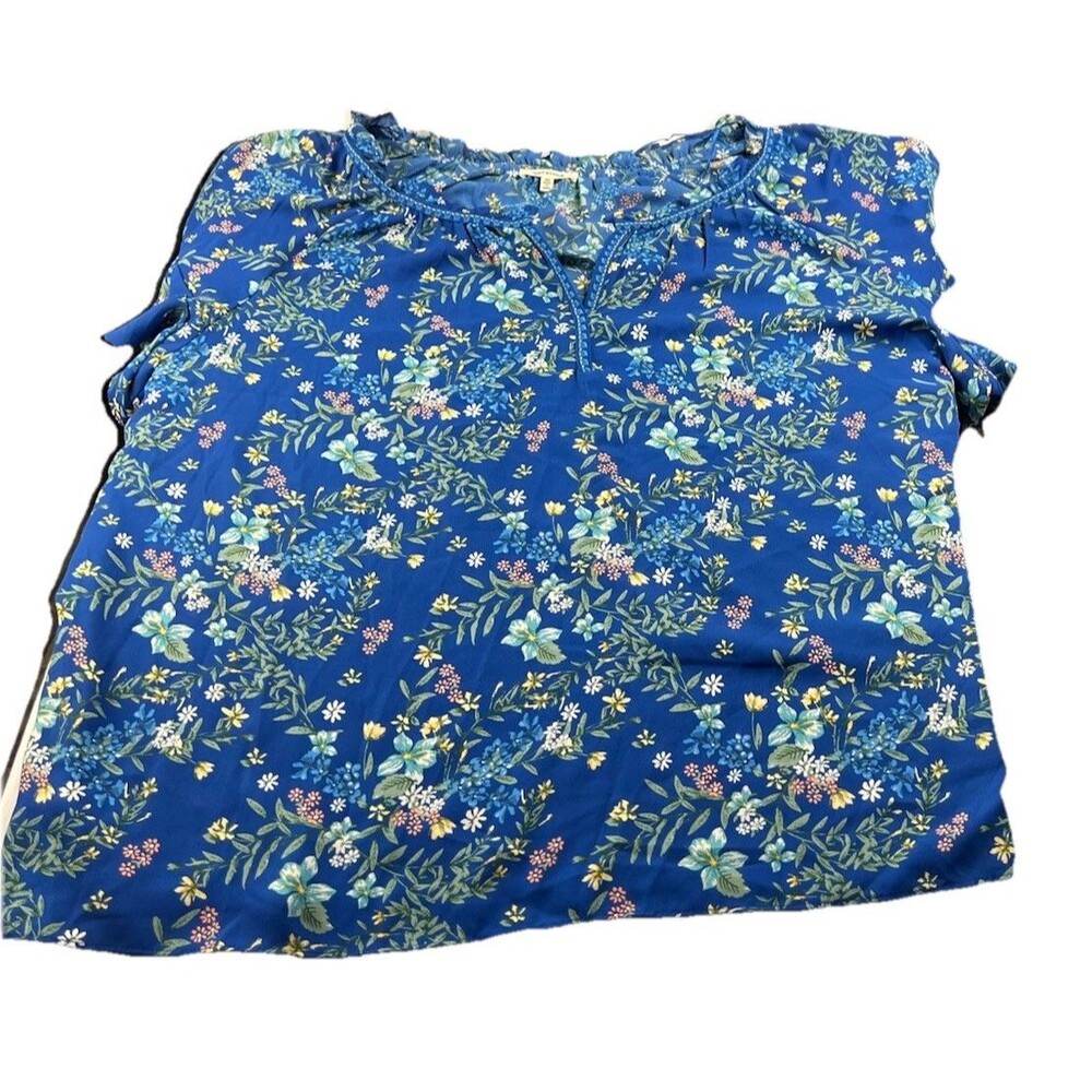 Max Studio 3X Tunic Blouse Blue Floral Short Flutter Sleeve V-Neck Top